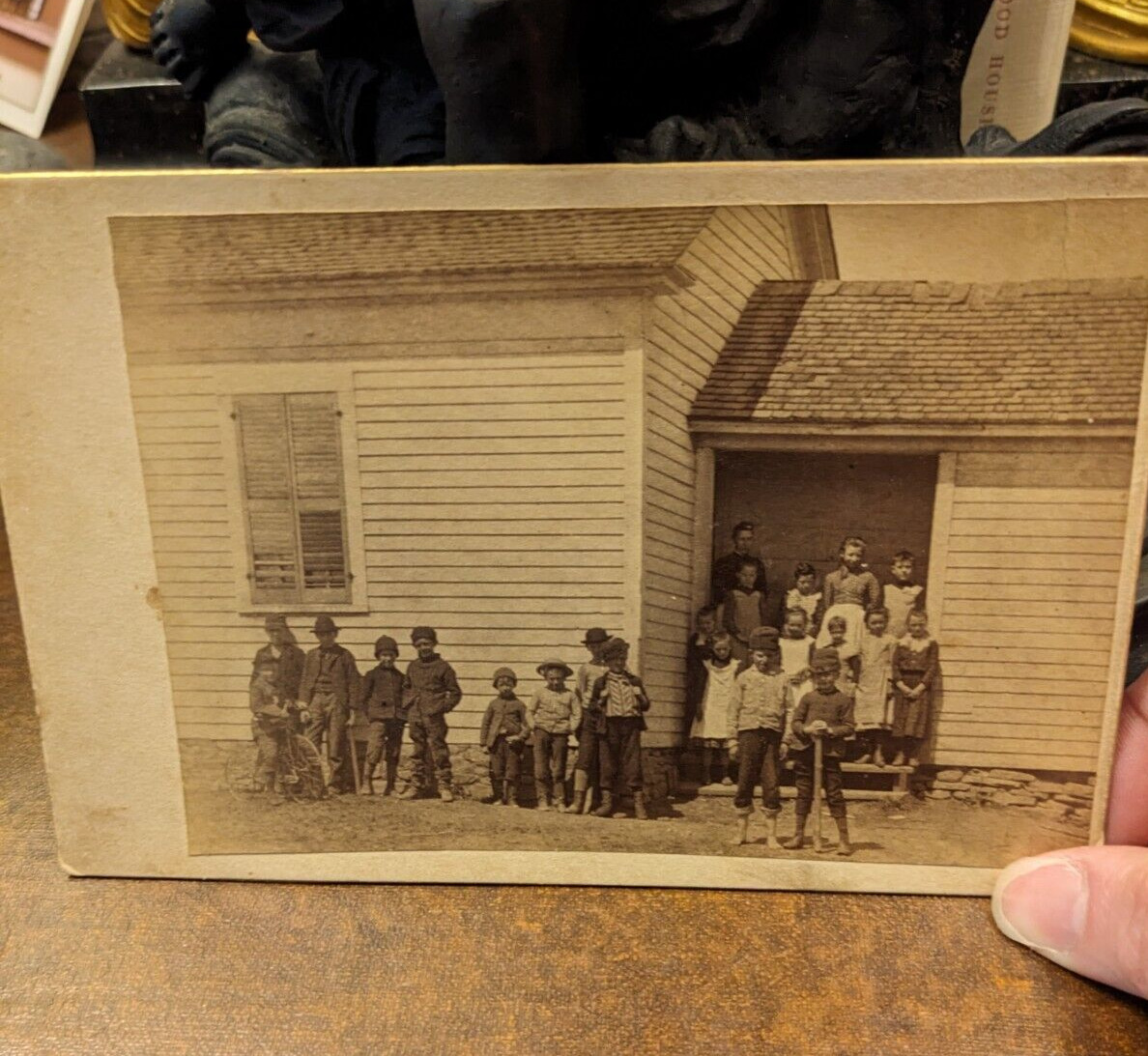 Later 1800's outdoor photograph schoolhouse with class group of children teacher