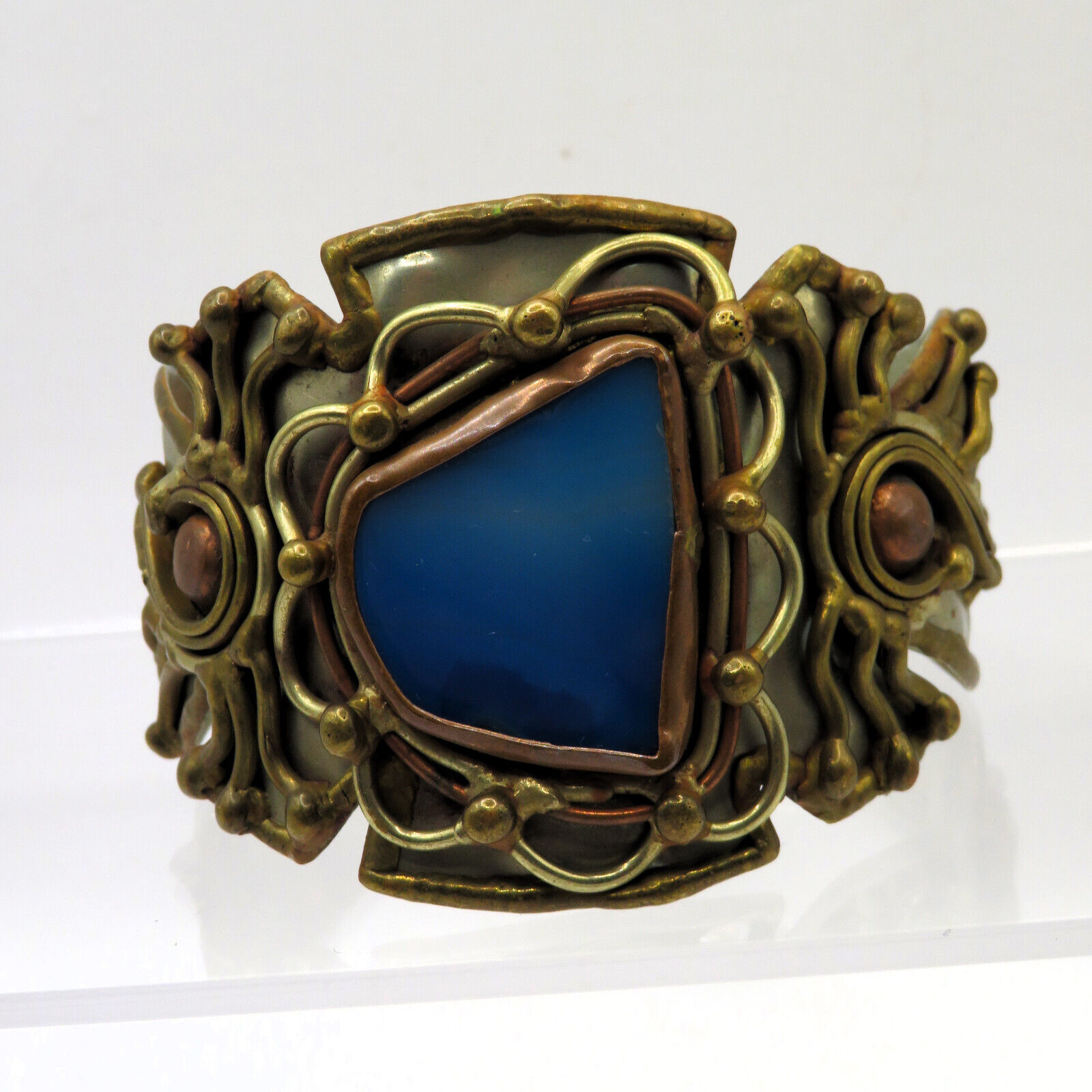 STUNNING Vintage Artisan Made BLUE AGATE Mixed Metal Cuff Bracelet ONE of KIND