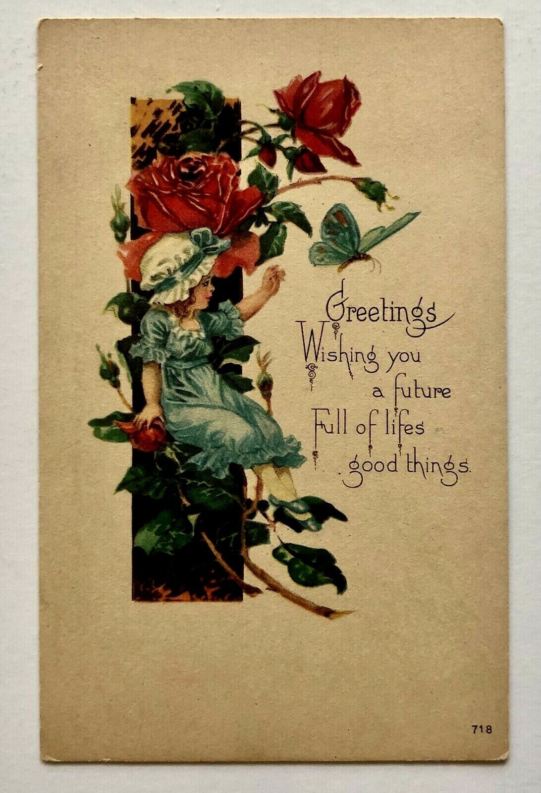 1910s Greetings Poem Little Girl Bonnet Roses Postcard Vintage Divided Back