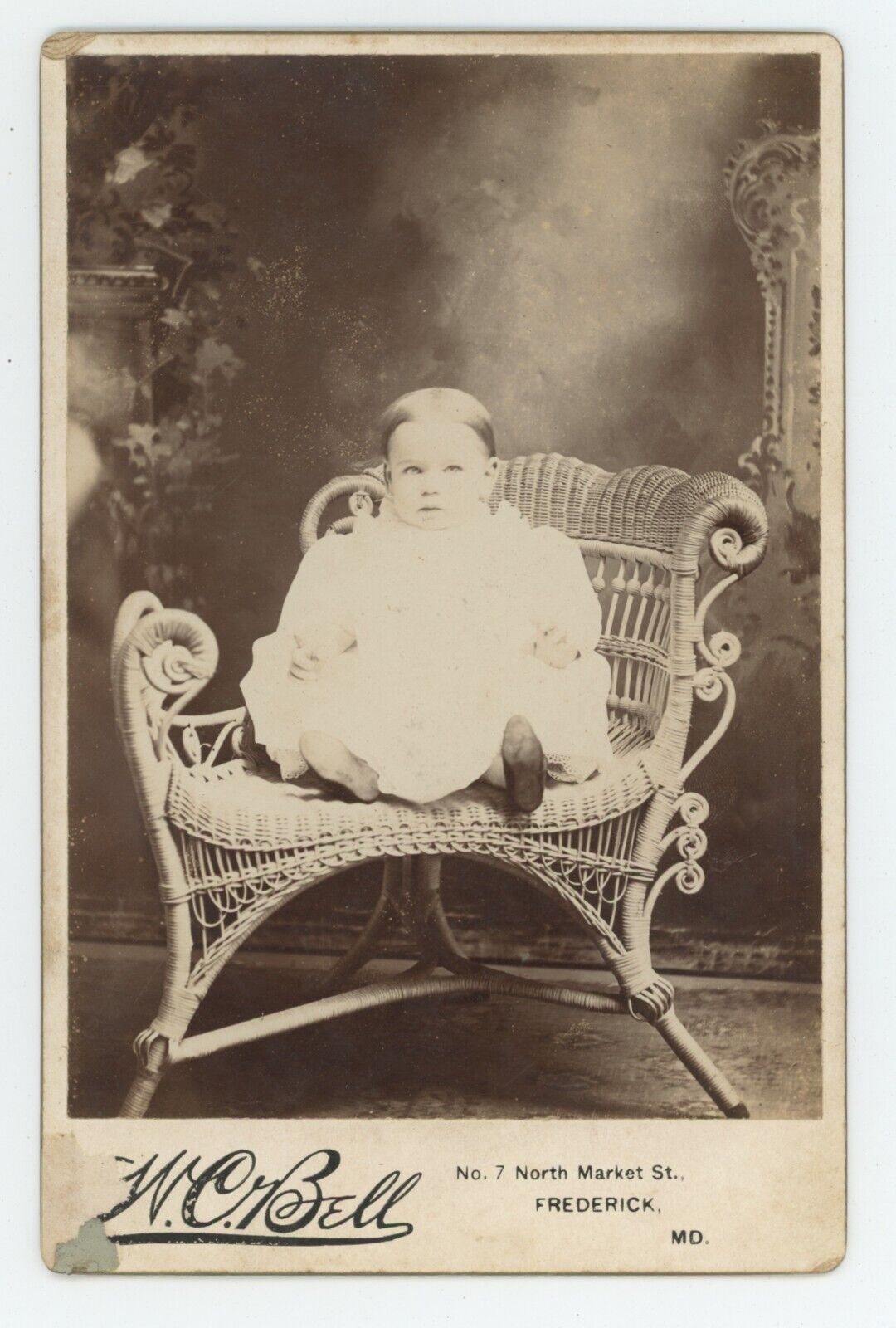 Antique c1880s Cabinet Card Adorable Child on Wicker Chair Bell Frederick, MD