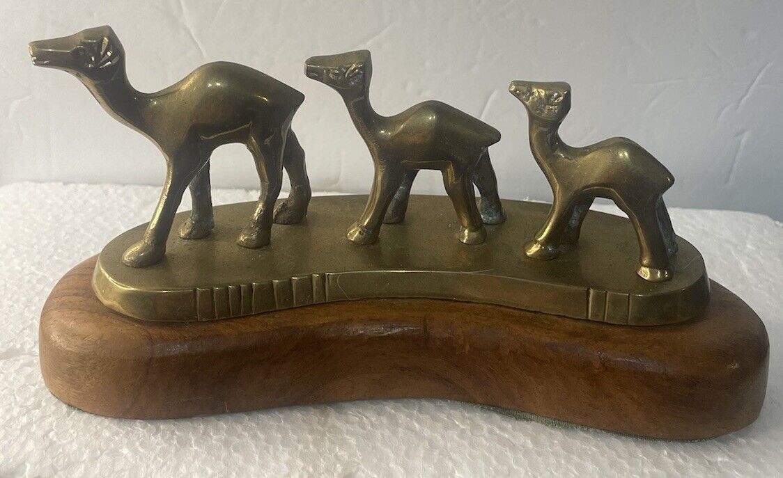 Vintage Brass Camel Family Trio On Solid Wood