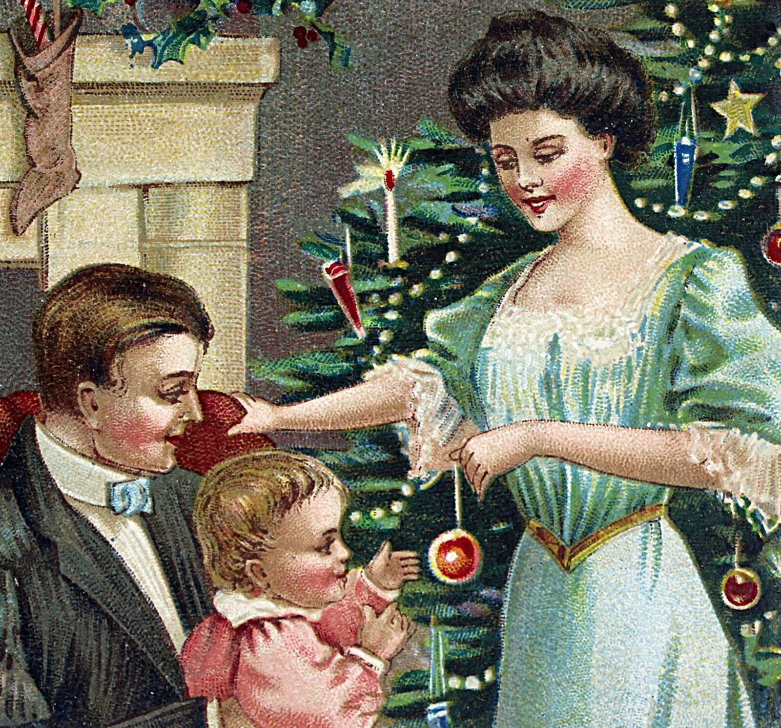 c.1910 Pretty Girl & Children Christmas Tree Holly Postcard Gold Embossed #71