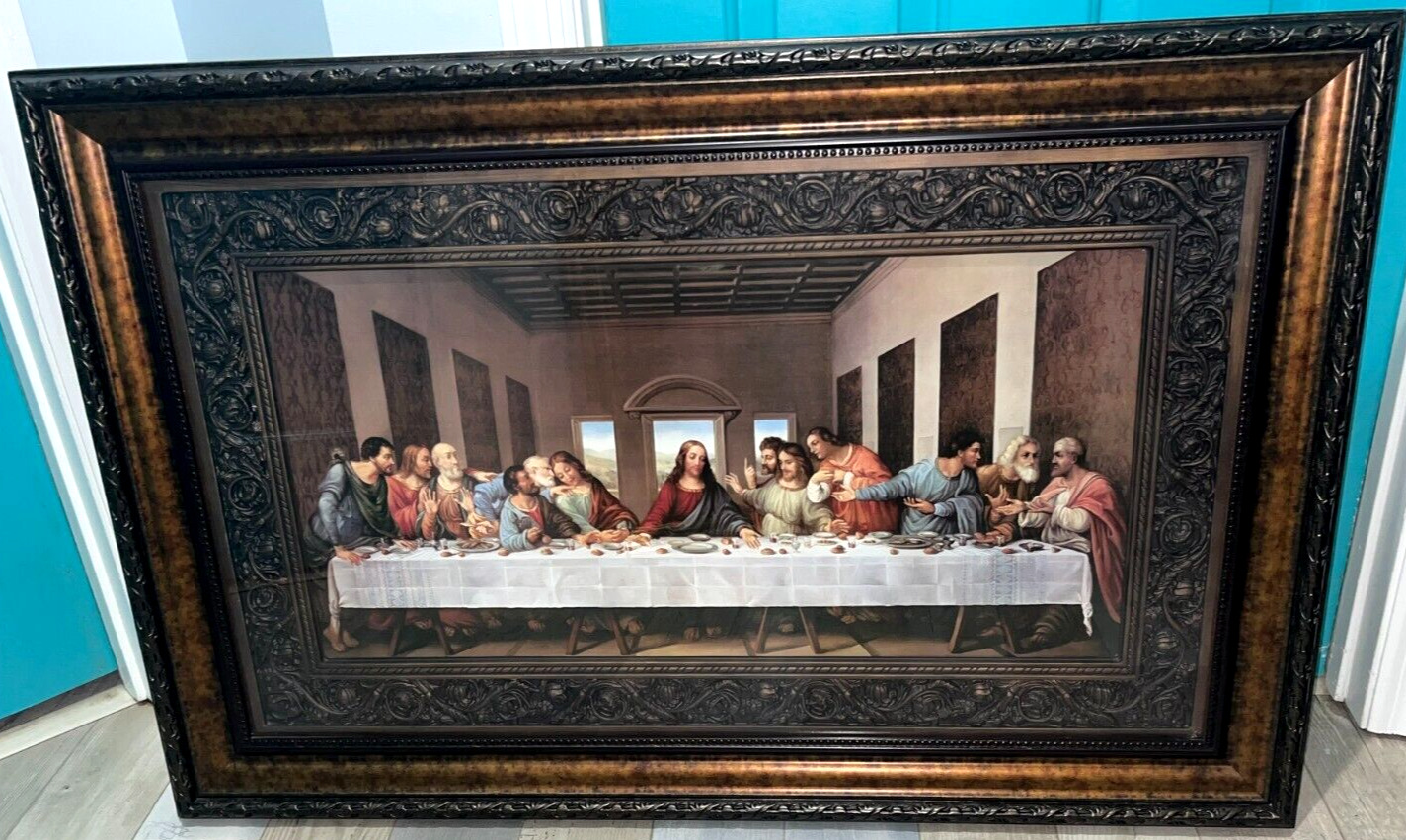 STUNNING LARGE VINTAGE FRAMED CATHOLIC RELIGIOUS LAST SUPPER FROM NUNS CONVENT