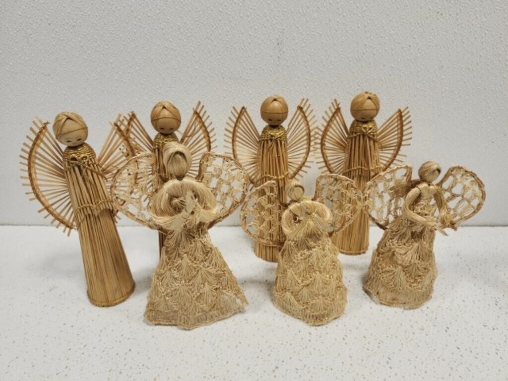 Set of 7 Handmade Wicker Angels Gold Color Trim Home Decor Women Men