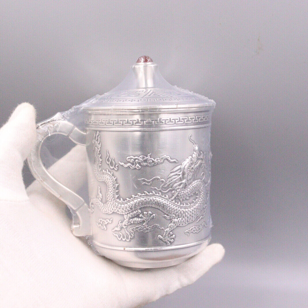Fine 999 Pure Silver Mug Handmade Vintage Dragon with Lid Tea Cup Medinum Mugs