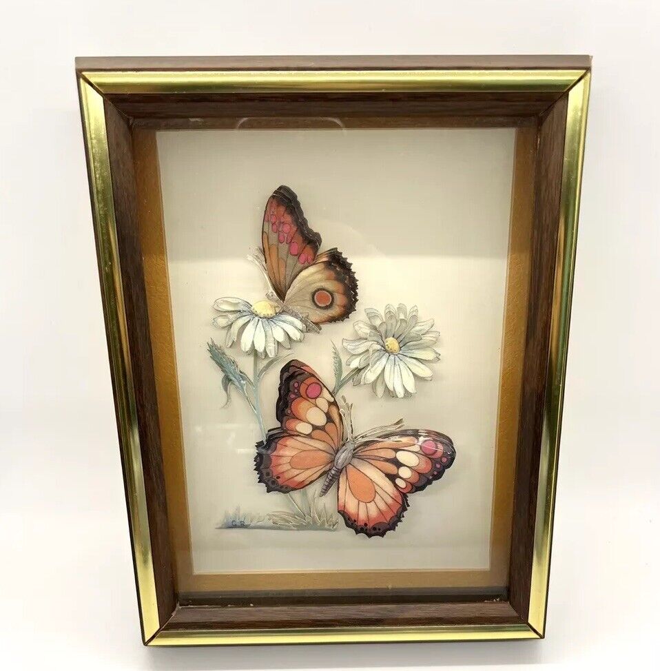 Vintage Wood Framed 3D Paper Layered Butterfly Flowers Wall Art Shadow Box 8 x 6