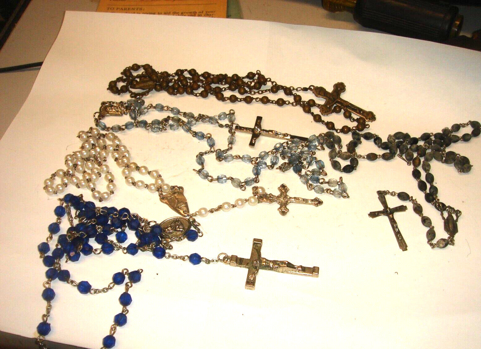Lot : 5 Vtg Religious Catholic Crucifix Rosary Beads Faux Pearl, Blue Glass more