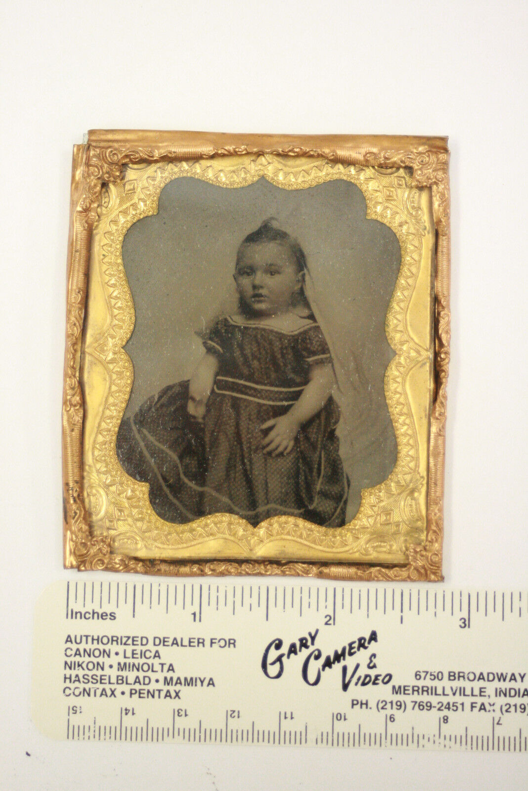 Circa 1862-71Tintype of little girl in pinchback frame w/3 cent Washington stamp
