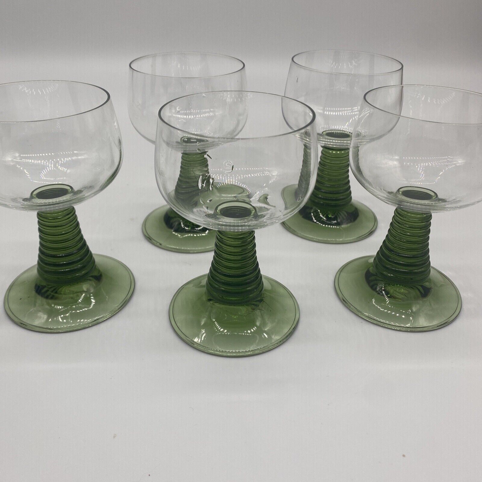 Vintage French Green Beehive Stem Wine Glasses X 5