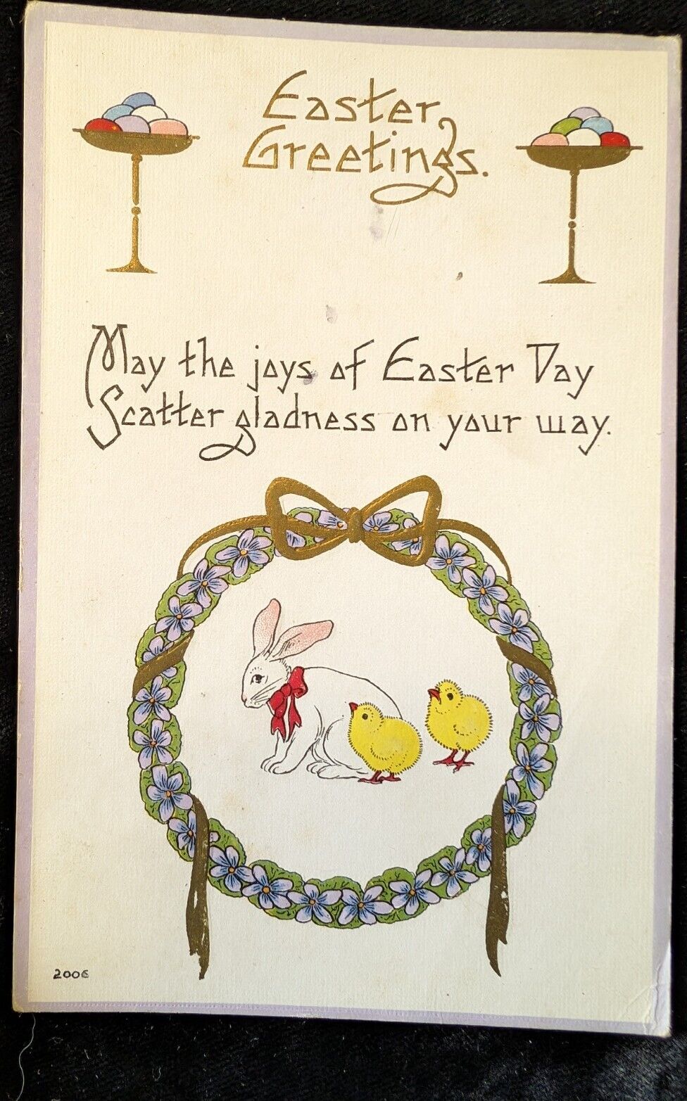 Antique Embossed Postcard 1913 Bergman Easter Greetings Bunny Rabbit Chicks Eggs