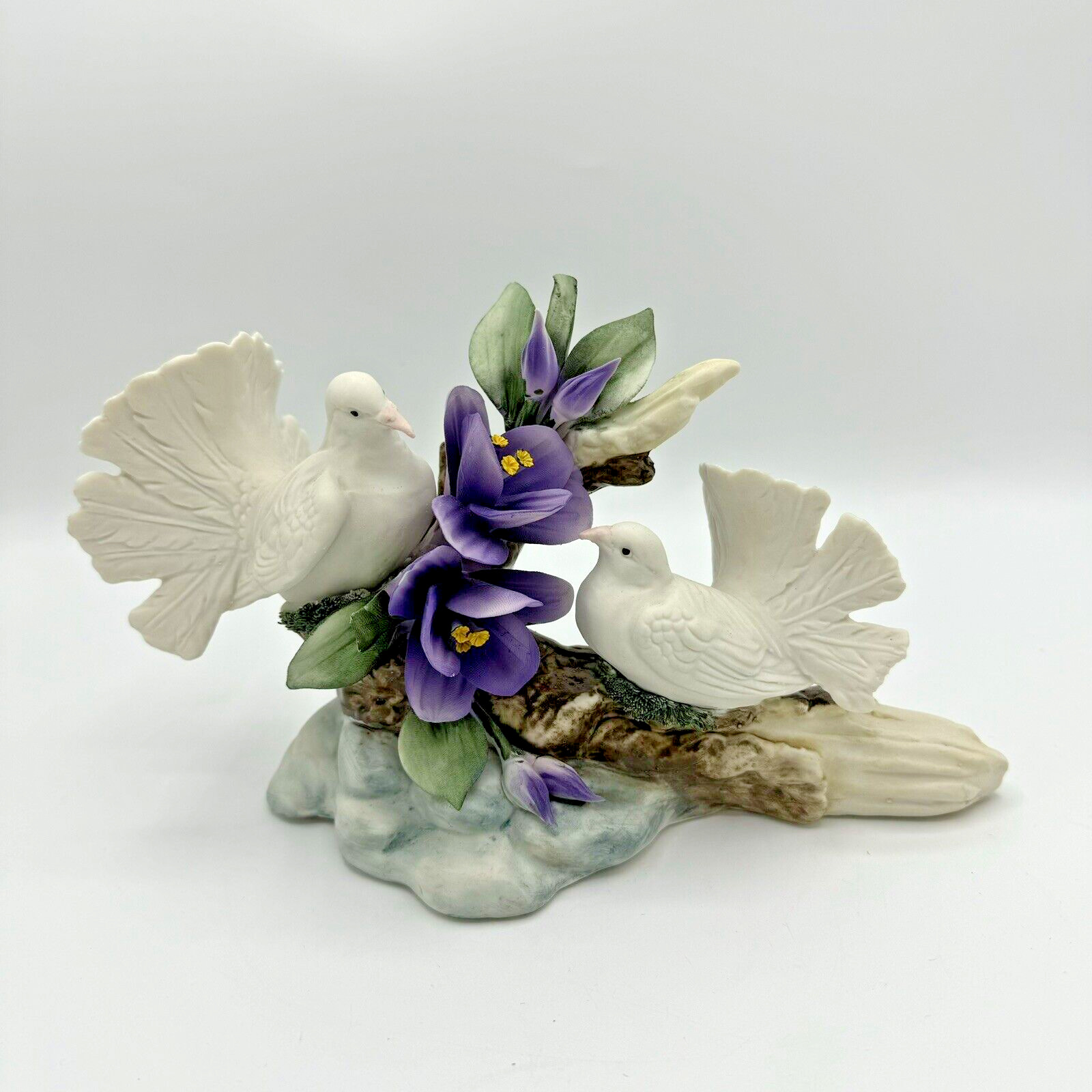 Vintage Capodimonte Italian Porcelain White Dove Love Birds Purple Roses Flowers