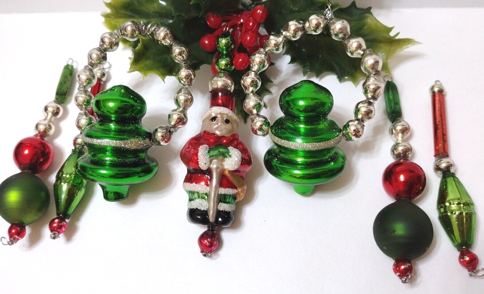 vtg Christmas Ornaments 7 Mercury Glass Bead Garland Icicles SANTA Red Green #E