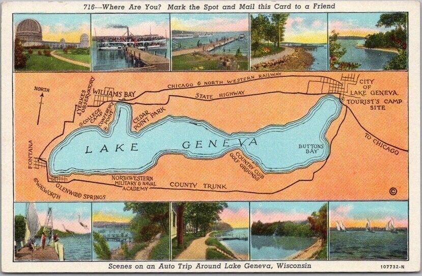 Vintage 1930s LAKE GENEVA Wisconsin Multi-View Postcard 10 Views / Road Map