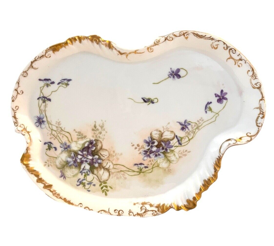 Antique French W&G Limoges Porcelain Dresser Vanity Tray Violets Gold Gilded
