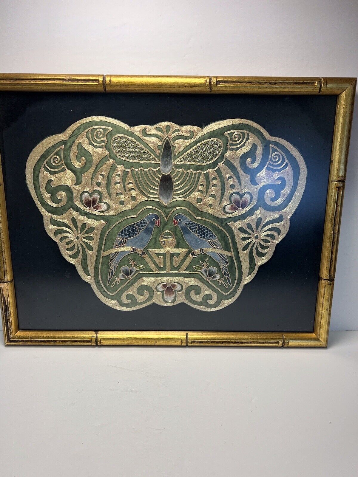 CHINESE FRAMED EMBROIDERY GOLD CANNETILLE BUTTERFLY BIRDS