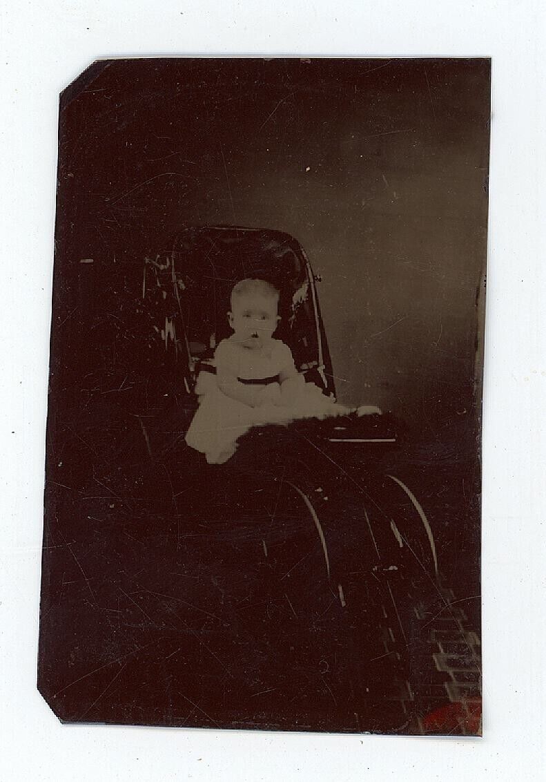 c1860\'S 1/6 PLate 2X3.25 in TINTYPE Adorable Baby in White Dress Baby Carriage
