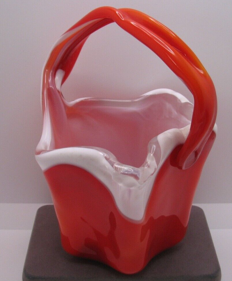 Vintage Mid-Century Hand Blown Red White Orange Art Glass Basket Vase 7-1/2\