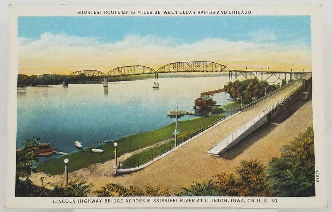 Lincoln Bridge Across Mississippi River at Clinton Iowa US-30 Vintage Postcard