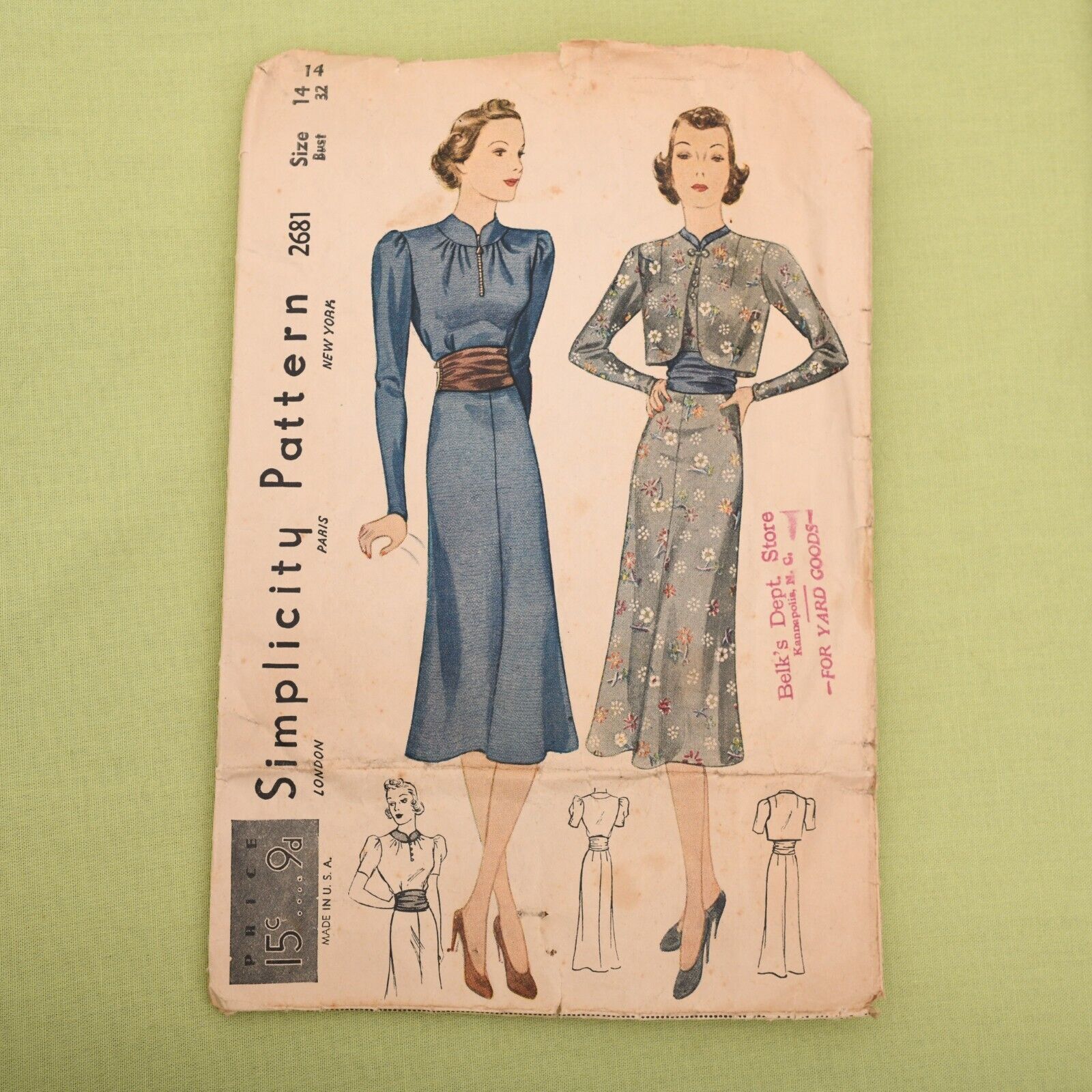 Vintage 1930s Simplicity Dress & Bolero Sewing Pattern - 2681 Bust 32 Complete