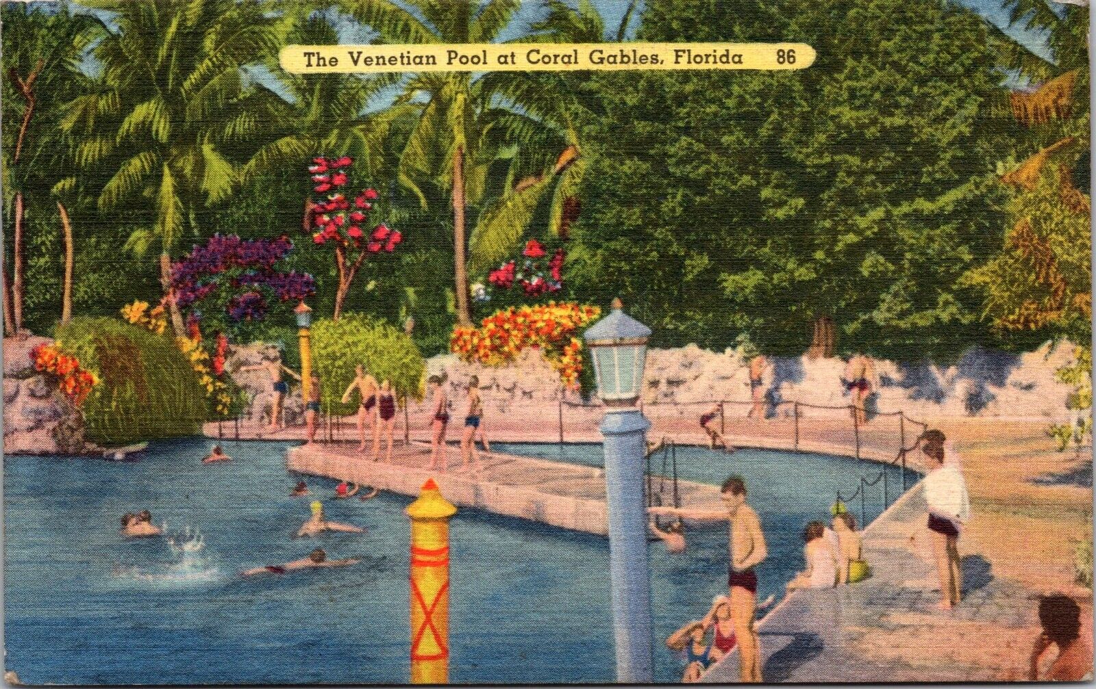 1939 THE VENETIAN POOL AT CORAL GABLES FLORIDA POSTCARD swimsuits sunbathing a2