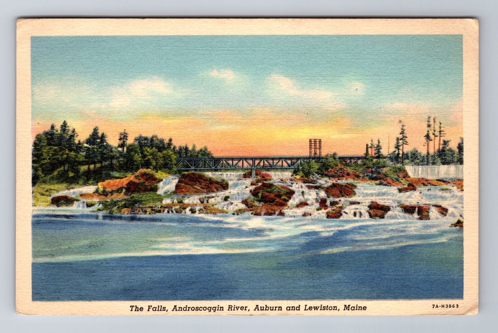 Lewiston ME-Maine, Falls, Androscoggin River, Antique, Vintage c1939 Postcard