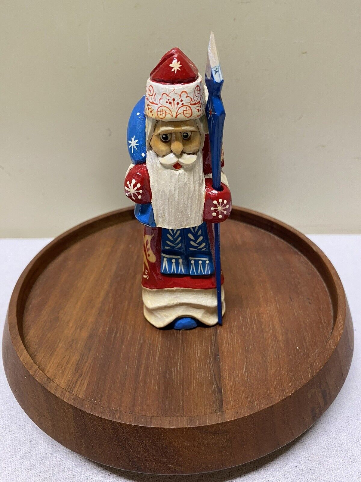 Hand Carved/Painted Russian Wooden Santa Claus w Staff Figurine Holiday Decor