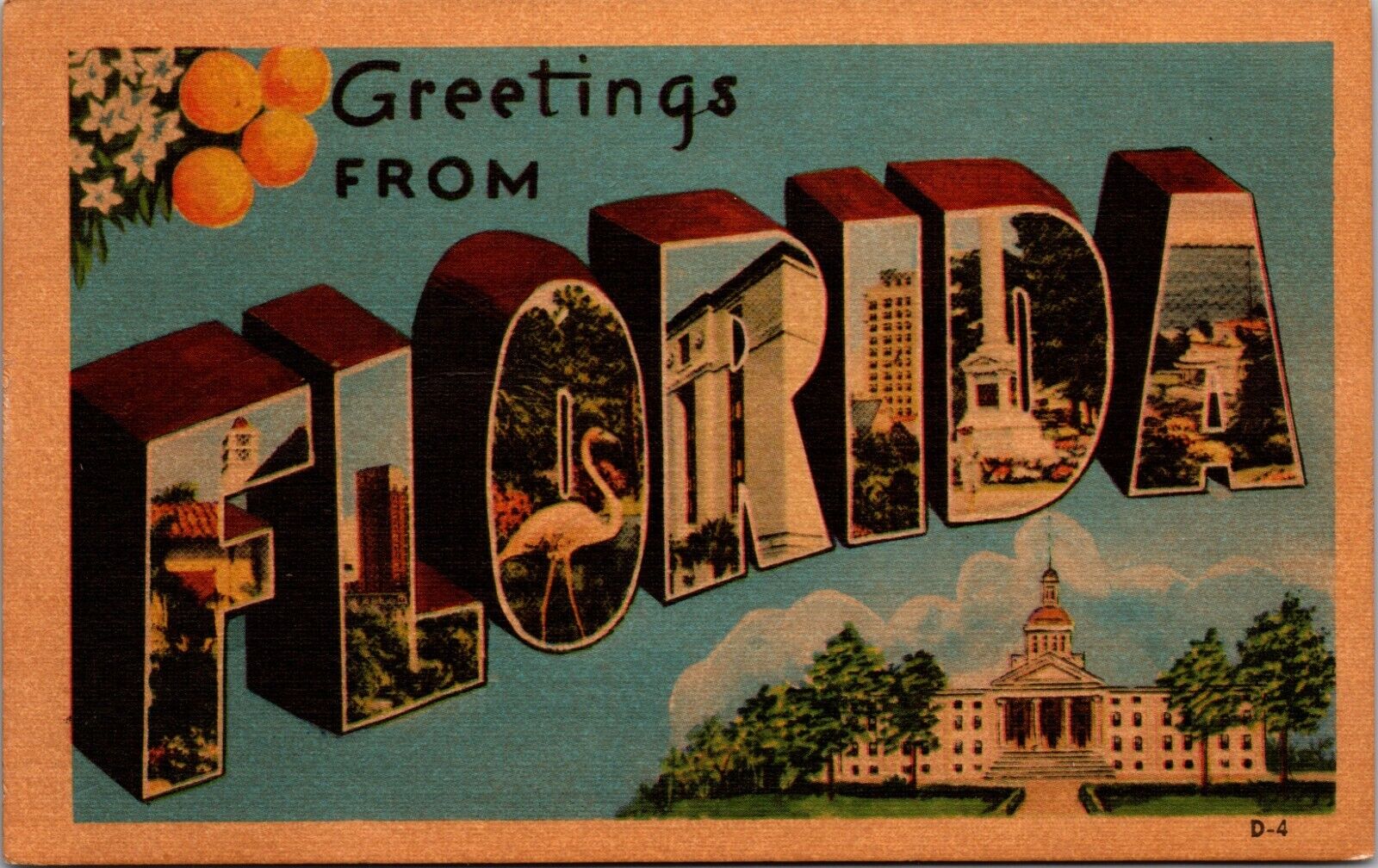 greetings from Florida big letters FLORIDA LINEN POSTCARD D15