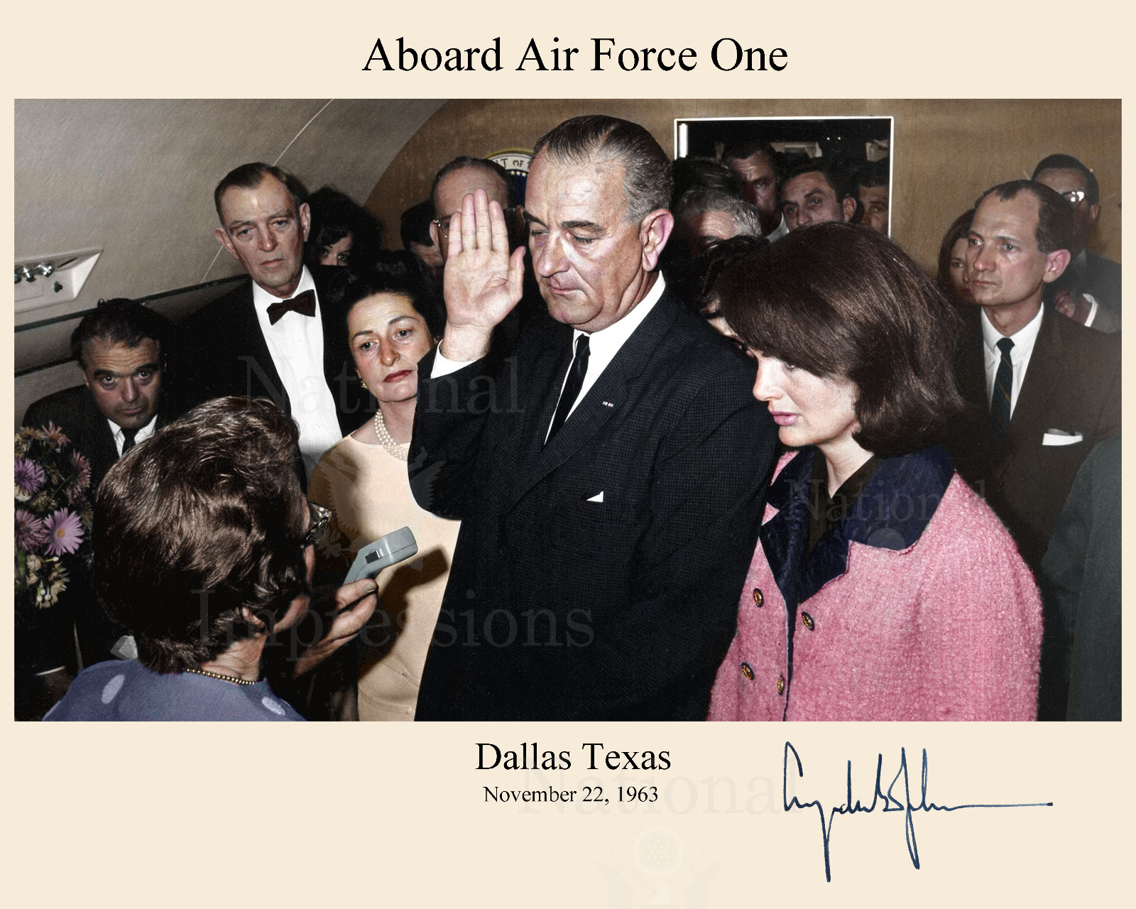 Kennedy Assasination LBJ Signed Colorized Swearing In AF1  Signed REPRINT 8x10