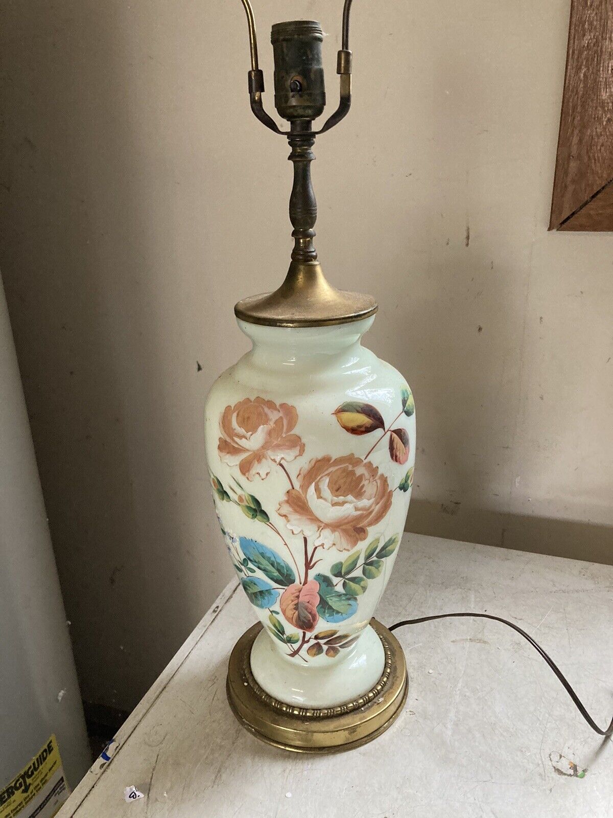 Antq 1880's Hand Painted Custard Enamel Bristol Glass Vase Lamp Electrified