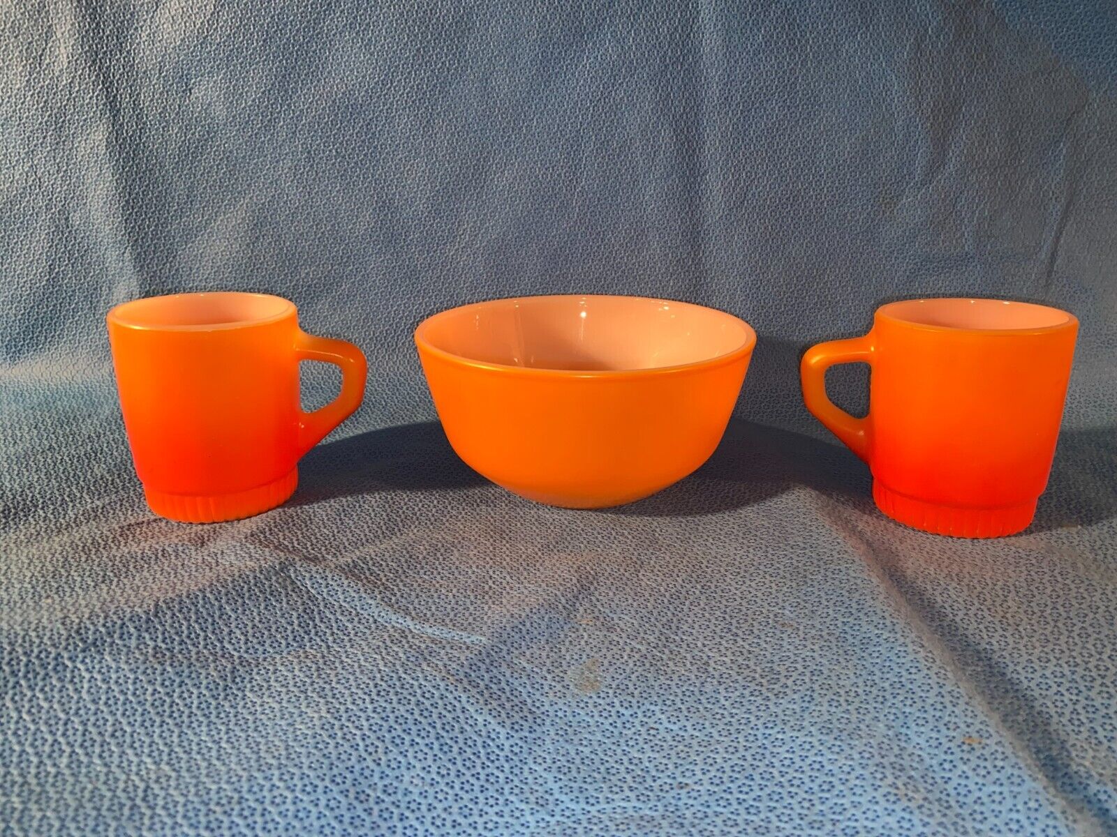 Anchor Hocking Fire King Two Orange Coffee Mugs and Bowl 6 Inch Diameter