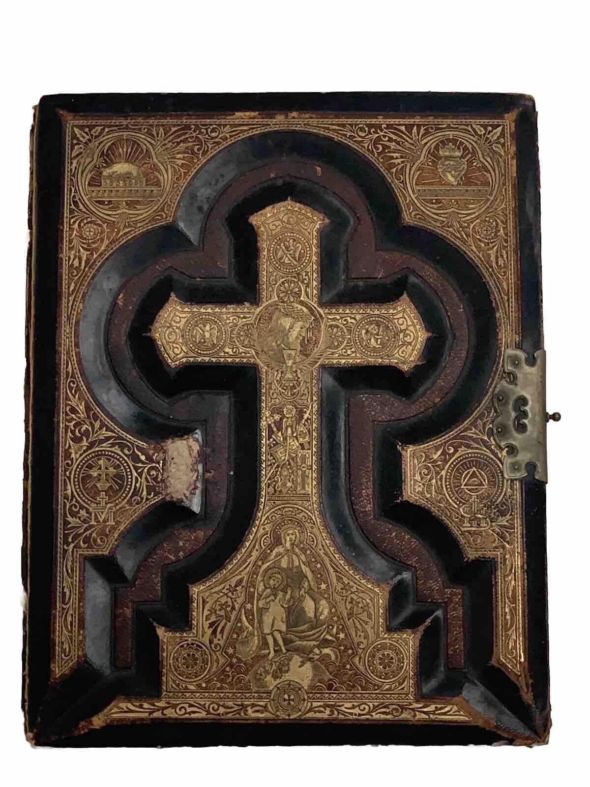 HOLY BIBLE 1880’s DOUAY&RHEIM GOLD LEATHER GILDED EDGES ANTIQUE RARE