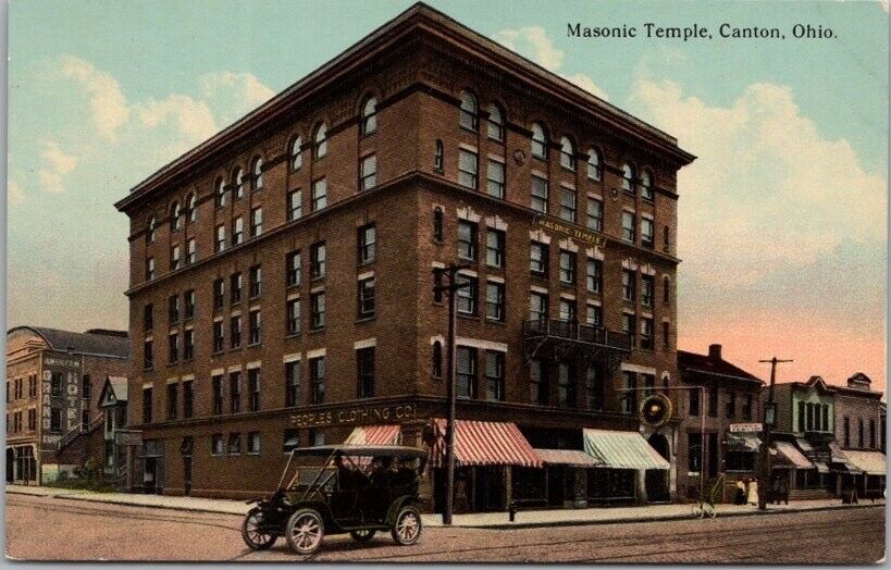 Vintage 1910s CANTON, Ohio Postcard MASONIC TEMPLE Lodge Street View / UNUSED