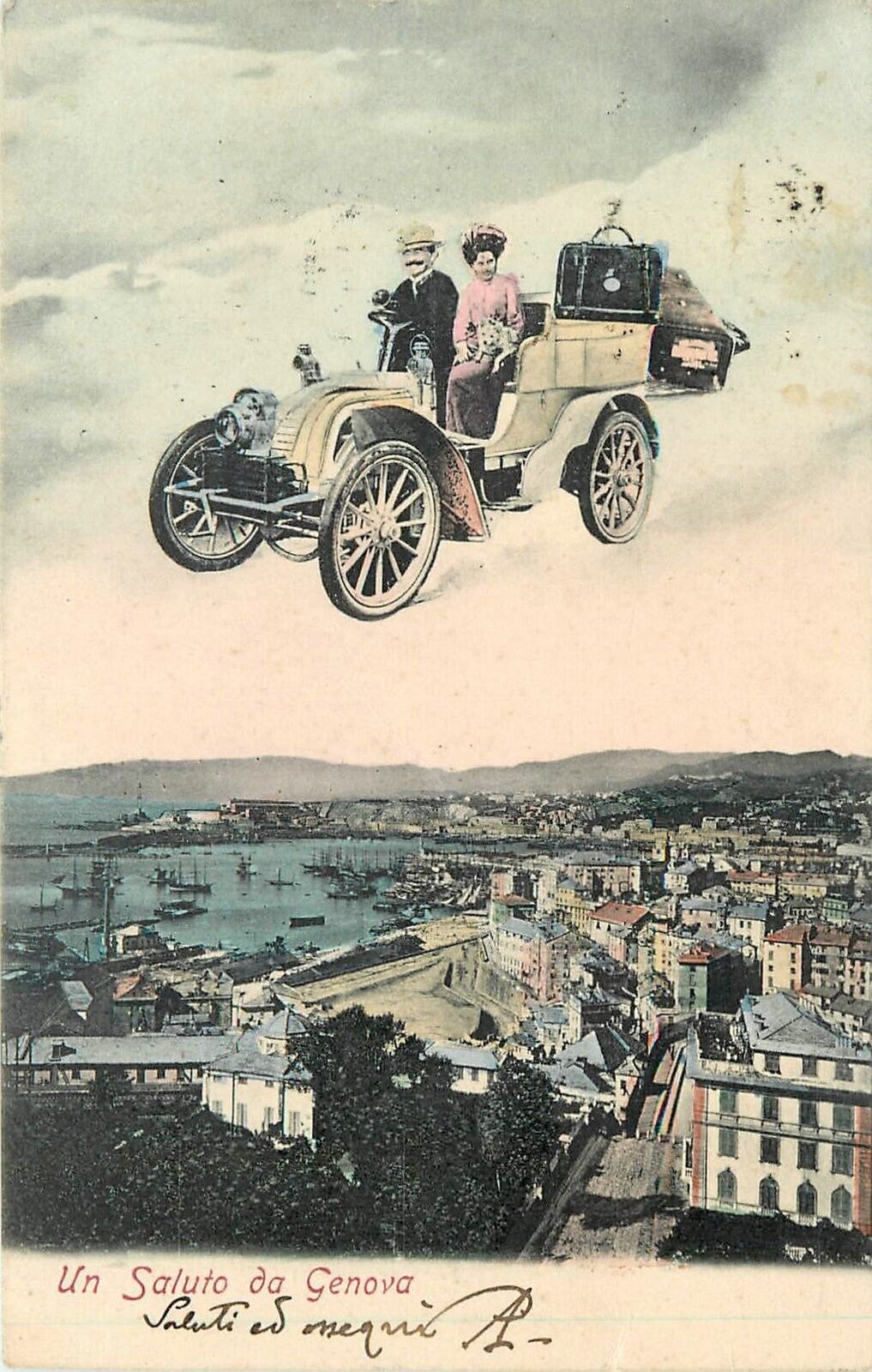 Postcard C-1905 Genoa Italy Flying automobile fantasy hand colored FR24-985