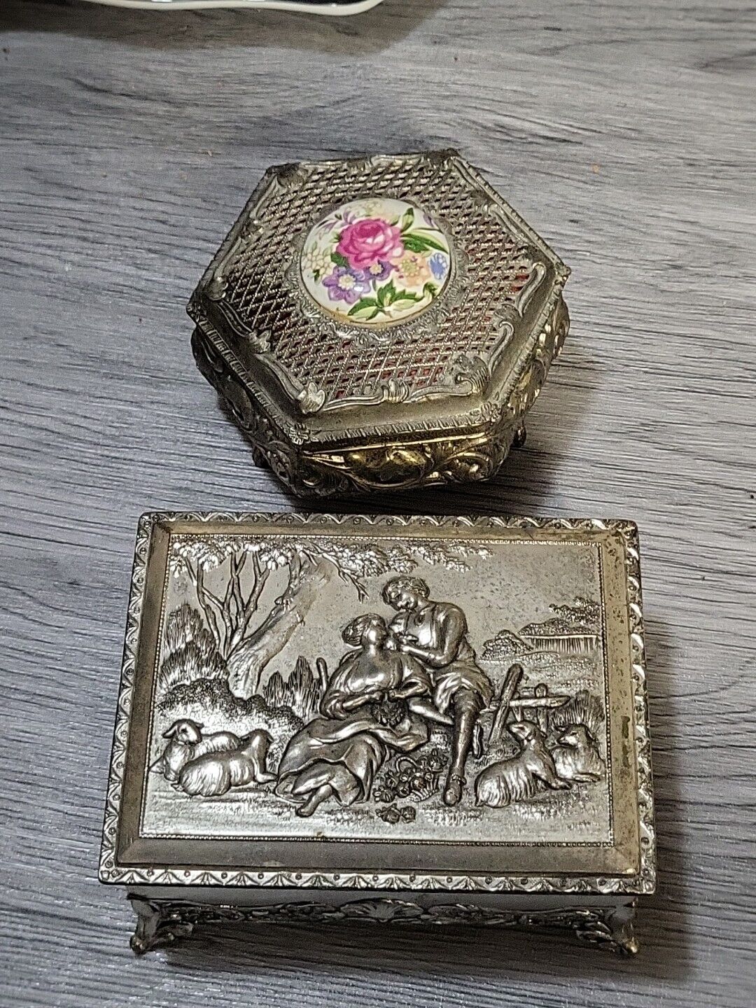 Vintage  Silver Plated Trinket  Jewelry Box Lot Ornate Style Set Of 2 