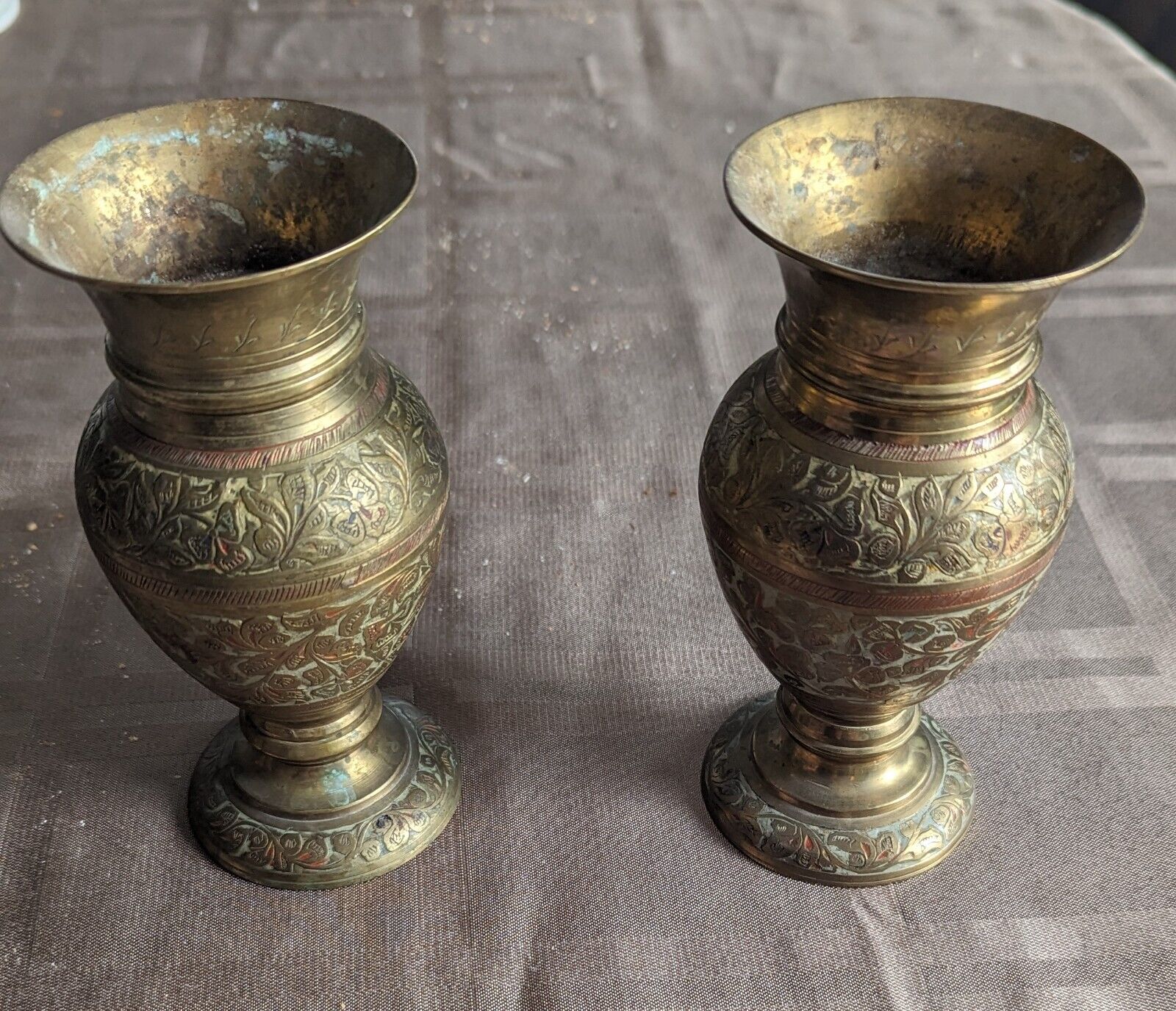 2X VINTAGE SOLID BRASS VASES - hand made - COLLECTORS RARE