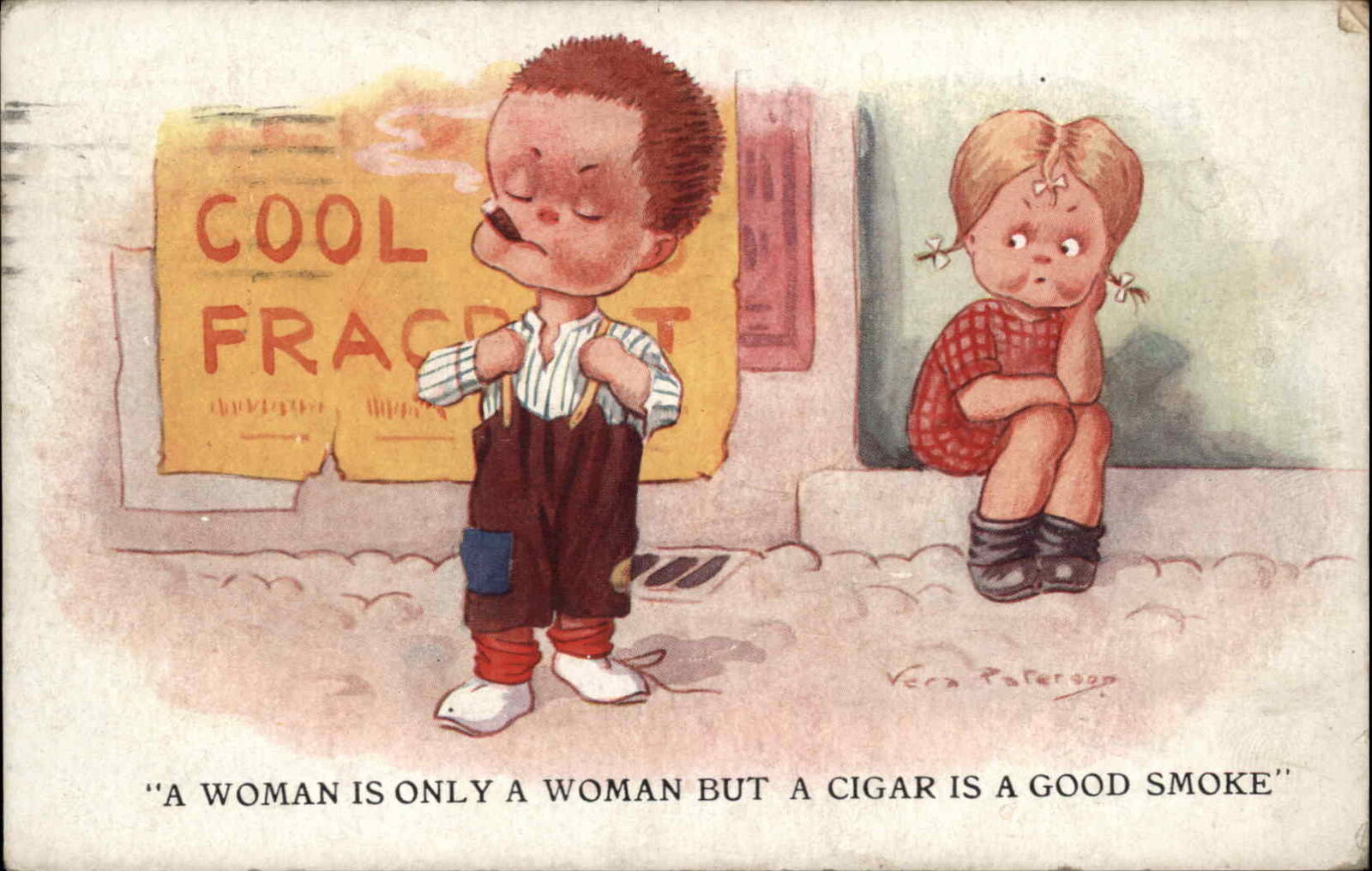 Vera Paterson Girl Watches Little Boy Smoking Cigar Vintage Postcard