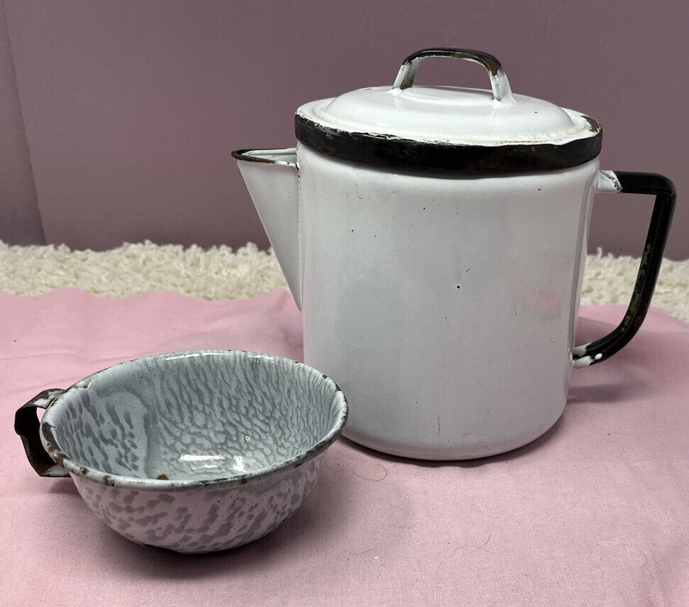 Antique Vintage EnamelWare Coffee Pot & Enamelware Coffee Cup Collectible Set