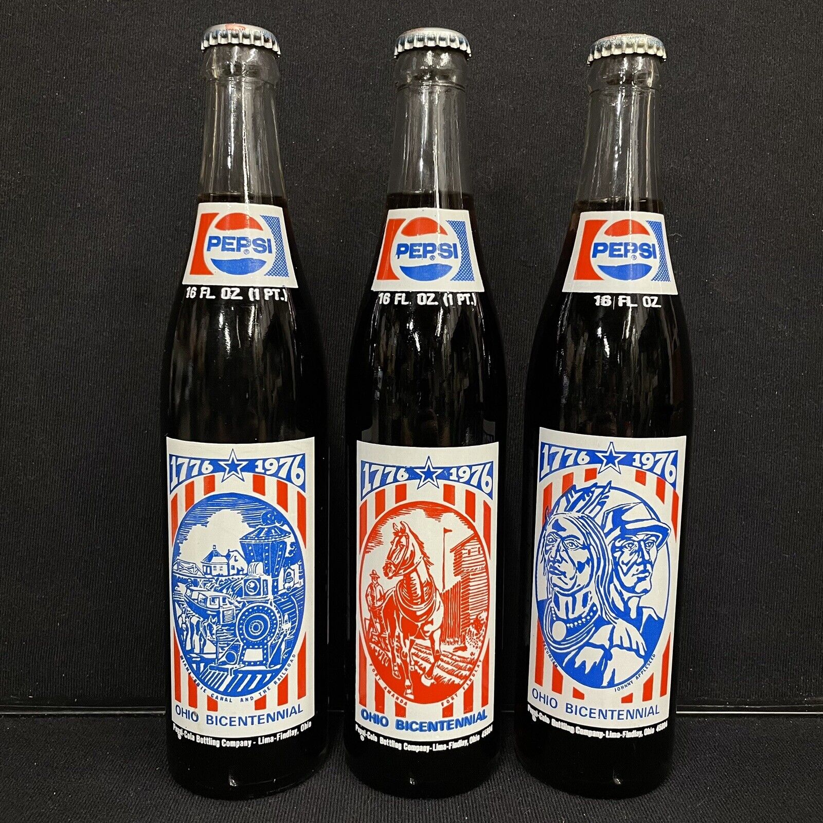 Pepsi Cola Ohio Bicentennial Complete Set Of 3 Collectors Bottles 1776-1976 NEW