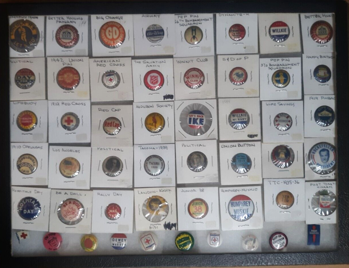 Lot Of 50 Nice Antique / Vintage Buttons Pinbacks Political Advertising Military