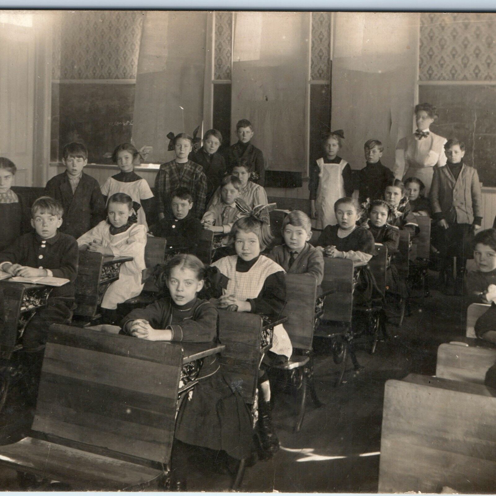 c1900s Young School Children RPPC Class Teacher Desks Boys Girls Real Photo A184
