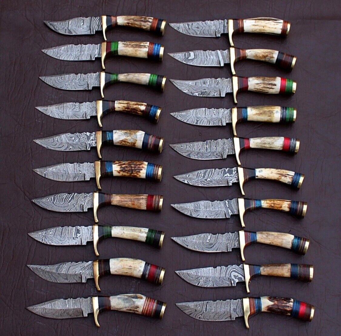 LOT OF 20, 6 inches Handmade Damascus Steel Skinner Knives in Stag horn W/Sheath