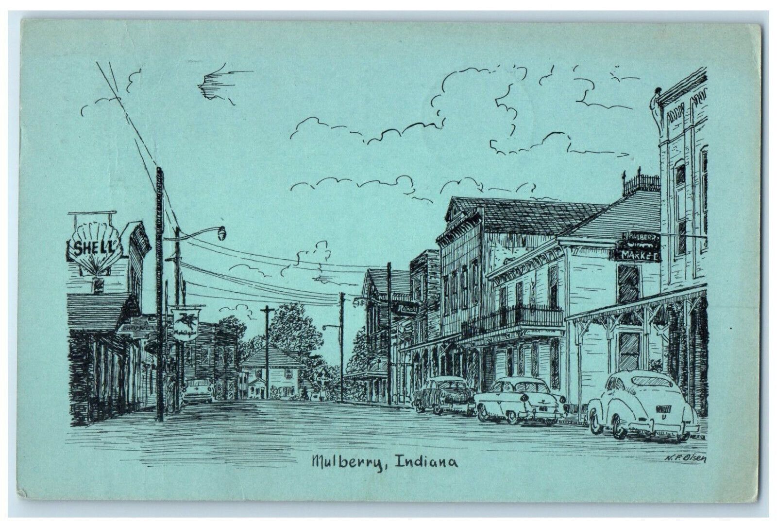 1967 Market Shell Business District Mulberry Indiana IN Posted Postcard