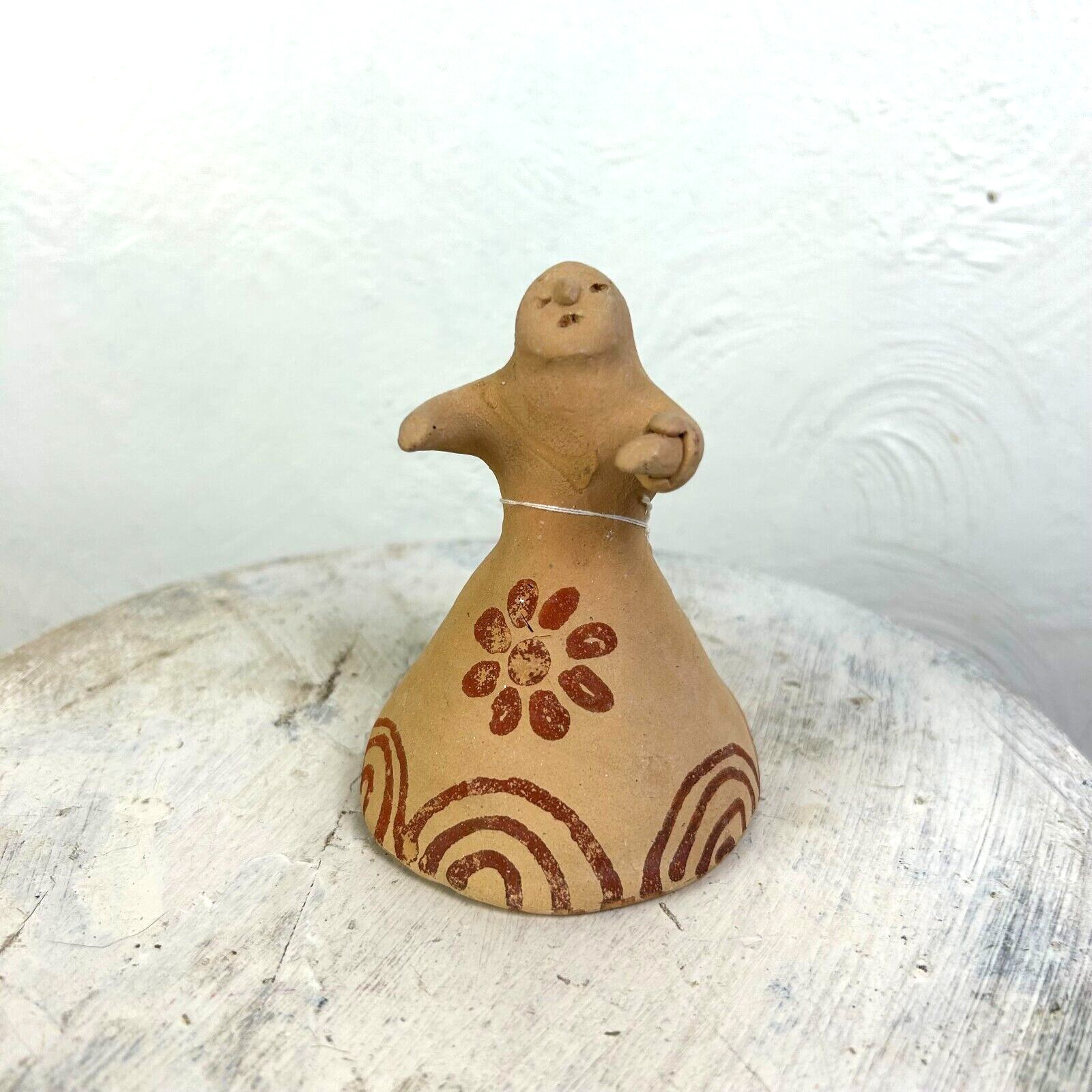 Vintage Mexican Pottery Bell Southwestern Beige Red Handmade Folk Art Clay Bell
