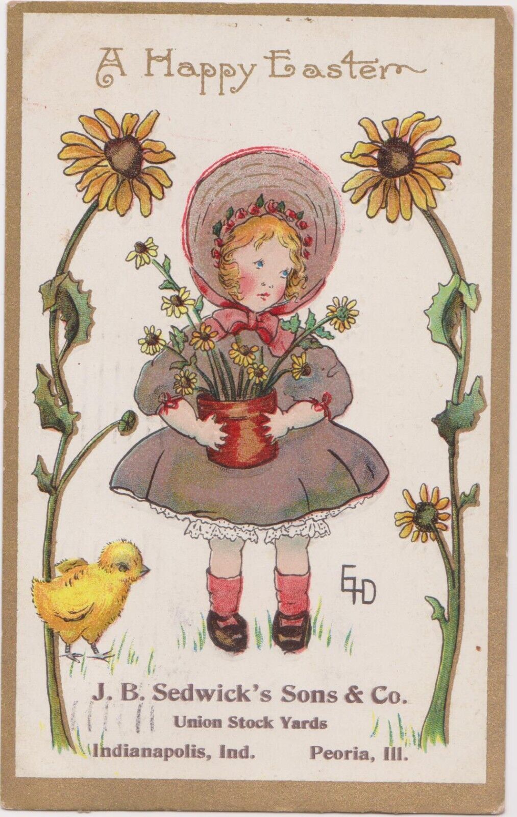 C. 1911 AMP CO Happy Easter Child Daisies Chick Advertisement J B Sedwick\'s Sons