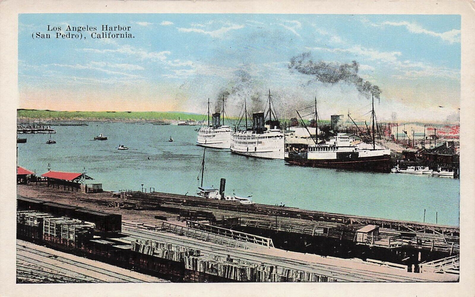Los Angeles CA Harbor San Pedro Navy Military Base Steamer Ship Vtg Postcard E5