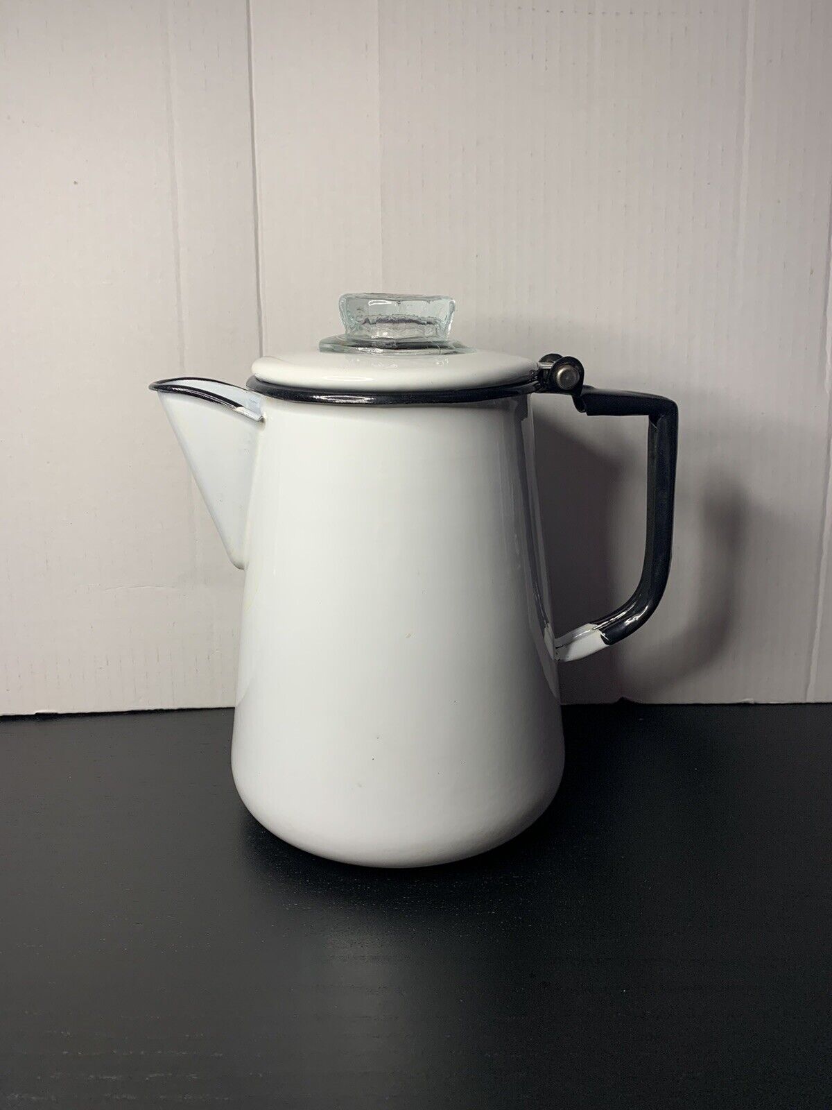 Vintage White Enamelware Glass Top Coffee Pot Percolator