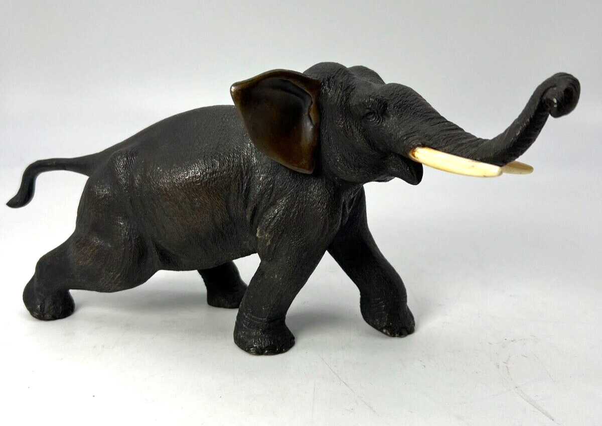 Antique Japanese 1900s Meiji Period Solid  Bronze Lucky Trunk Up Elephant Statue