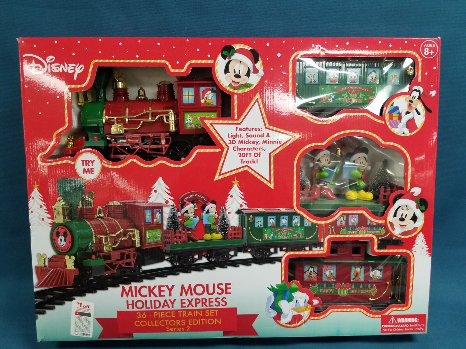 In Box 36 Pc MICKEY MOUSE Holiday Express Train Set WORKS But Does Not Light Up