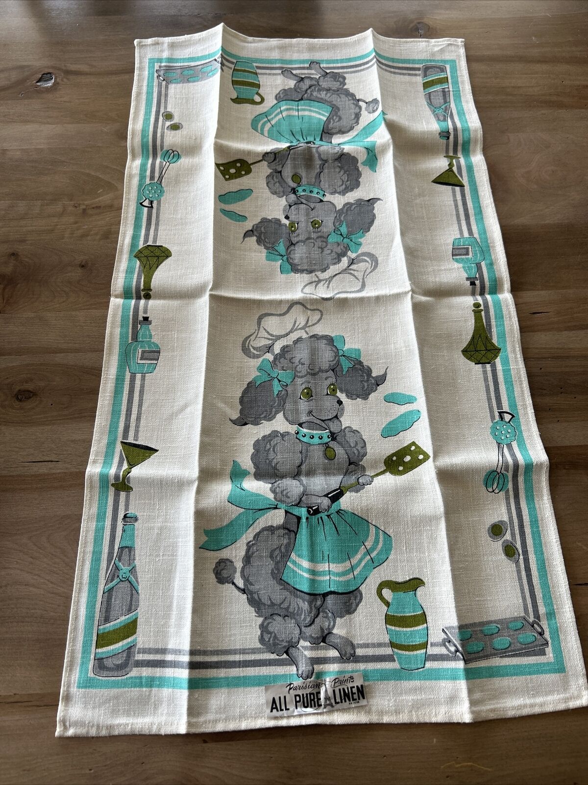 Vintage Parisian Print Linen Kitchen Tea Towel NOS~GRAY POODLE W/ AQUA ACCENTS
