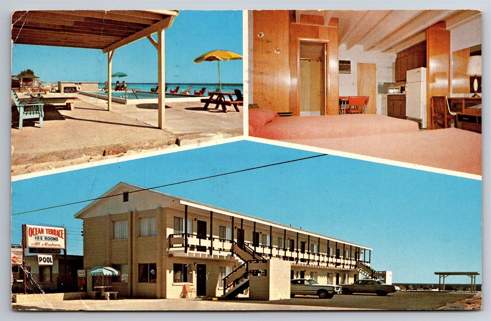 Postcard Panama City Florida Ocean Terrance Motel Interior View & Cars